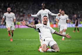 Joselu of Real Madrid celebrates scoring his team's second goal during the UEFA Champions League semi-final second leg match between Real Madrid and FC Bayern MÃ¼nchen at Estadio Santiago Bernabeu on May 08, 2024 in Madrid, Spain. (Photo by David Ramos/Getty Images)