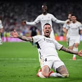Joselu of Real Madrid celebrates scoring his team's second goal during the UEFA Champions League semi-final second leg match between Real Madrid and FC Bayern MÃ¼nchen at Estadio Santiago Bernabeu on May 08, 2024 in Madrid, Spain. (Photo by David Ramos/Getty Images)