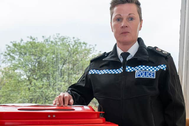 Chief Superintendent Joanne Park-Simmons, Northumbria Police’s knife crime lead, with one of the surrender bins which will be located at a number of stations across the Force area as part of Operation Sceptre week.