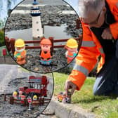 Tim Webb, 66, is trying to highlight the pothole issue - by photographing toys at some of the 'greatest' pothole sites in his local area.