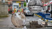 Pavements were torn up and parts of the road surface was washed away after over 40mm of rain fell in just an hour, in Ross-on-Wye, Herefordshire.