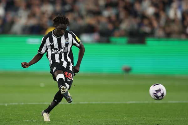 Garang Kuol of Newcastle United FC takes a penalty during the exhibition match between Tottenham Hotspur FC and Newcastle United FC at Melbourne Cricket Ground on May 22, 2024 in Melbourne, Australia. (Photo by Robert Cianflone/Getty Images)