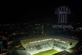 Undated handout photo issues by Sela of a view of a football themed drone show created by Newcastle United’s front-of-shirt sponsor, Sela, to celebrate the return of top-level European football to St James’ Park in Newcastle Upon Tyne after a 20-year break. (Photo credit: Chris Wilkinson/Sela)