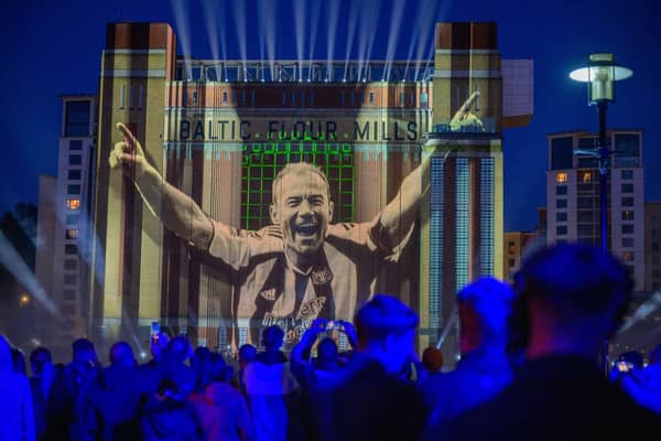A view of a 3D projection entitled e Are One by Sela, sponsors of Newcastle United, at Baltic Flour Mill in Newcastle. Photo credit: (Sandy Young/PA Media Assignments)