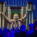 A view of a 3D projection entitled e Are One by Sela, sponsors of Newcastle United, at Baltic Flour Mill in Newcastle. Photo credit: (Sandy Young/PA Media Assignments)