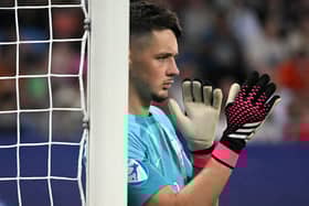 England's goalkeeper James Trafford gestures during the UEFA European Under-21 Championship final football match between England vs Spain at Batumi Arena in Batumi on July 8, 2023. (Photo by Vano SHLAMOV / AFP) (Photo by VANO SHLAMOV/AFP via Getty Images)