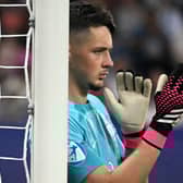 England's goalkeeper James Trafford gestures during the UEFA European Under-21 Championship final football match between England vs Spain at Batumi Arena in Batumi on July 8, 2023. (Photo by Vano SHLAMOV / AFP) (Photo by VANO SHLAMOV/AFP via Getty Images)