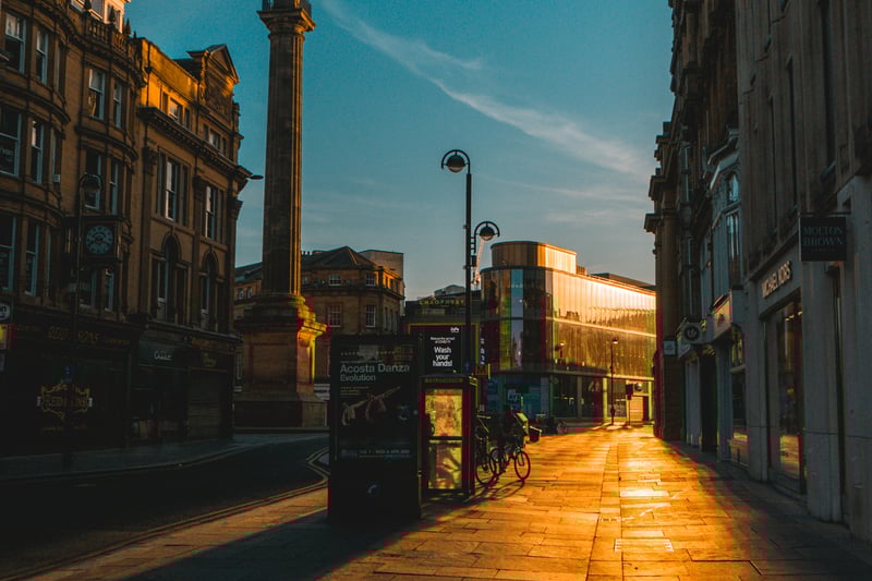 A view looking down Blackett Street towards Grey's Monument and the entrance to Eldon Square. Taken in May 2020.