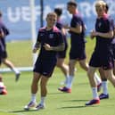 England's defender #12 Kieran Trippier and England's forward #18 Anthony Gordon take part in a MD-1 training session at the team's base camp, the Weimarer Land golf resort, near Blankenhain, on July 9, 2024, ahead of their UEFA Euro 2024 football match against Netherlands. (Photo by Adrian DENNIS / AFP) (Photo by ADRIAN DENNIS/AFP via Getty Images)