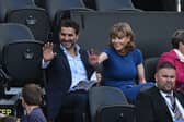 Amanda Staveley, British business professional and her husband Mehrdad Ghodoussi gesture prior to the international friendly match between England and Bosnia & Herzegovina at St James' Park on June 03, 2024 in Newcastle upon Tyne, England.