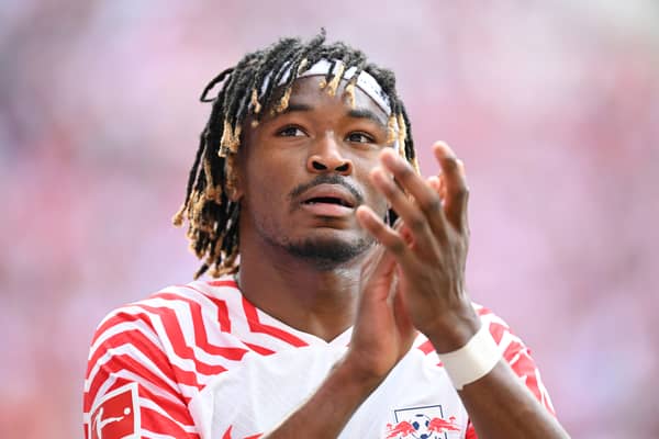 Mohamed Simakan of Leipzig in action during the Bundesliga match between RB Leipzig and VfL Wolfsburg at Red Bull Arena on April 13, 2024 in Leipzig, Germany. (Photo by Stuart Franklin/Getty Images)