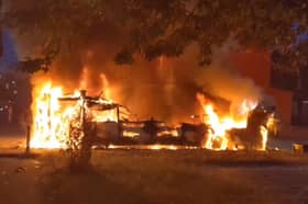 A First bus was set on fire amid the disorder in Harehills, Leeds, on Thursday, July 18. Photo: National World