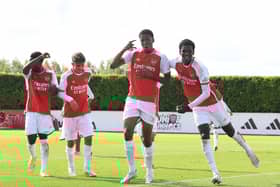 Chido Obi-Martin celebrates scoring Arsenal's 3rd goal with Ayden Heaven during the U18 Premier League match between Arsenal U18 and Southampton U18 (Photo by David Price/Arsenal FC via Getty Images)