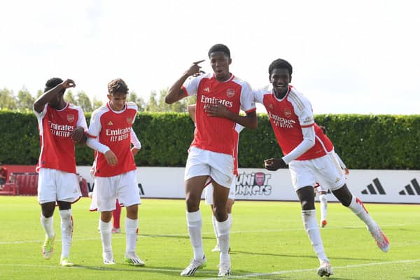 Chido Obi-Martin celebrates scoring Arsenal's 3rd goal with Ayden Heaven during the U18 Premier League match between Arsenal U18 and Southampton U18 (Photo by David Price/Arsenal FC via Getty Images)