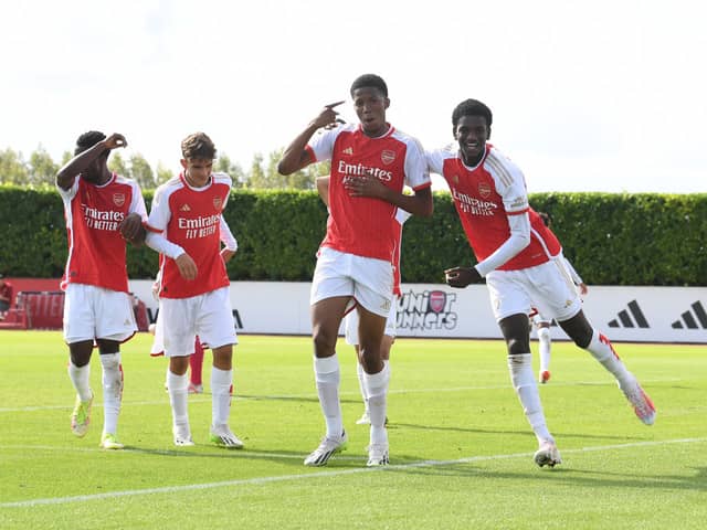 Chido Obi-Martin celebrates scoring Arsenal's 3rd goal with Ayden Heaven during the U18 Premier League match between Arsenal U18 and Southampton U18 (Photo by David Price/Arsenal FC via Getty Images)