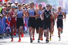 Kate Waugh of Team Great Britain competes in the Women's Individual Triathlon on day five of the Olympic Games.