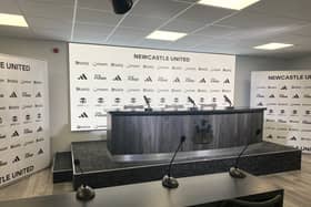 Newcastle United's new media suite, with the supposed new sponsors on the boards.