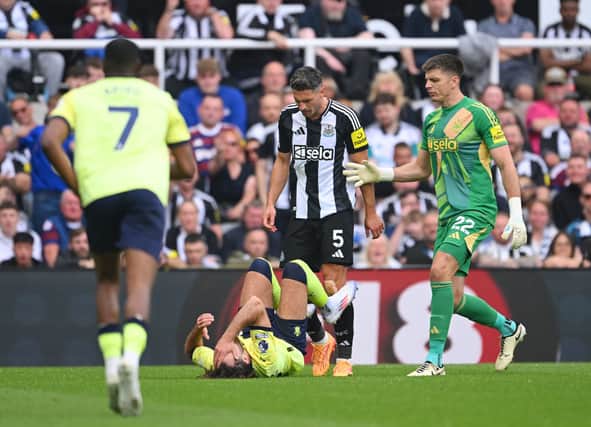 Fabian Schar of Newcastle United clashes with Ben Brereton Diaz of Southampton leading to him being shown a red card during the Premier League match between Newcastle United FC and Southampton FC at St James' Park on August 17, 2024 in Newcastle upon Tyne, England. (Photo by Stu Forster/Getty Images)
