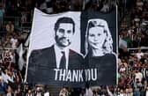 Fans of Newcastle United show their thanks to co-owners Mehrdad Ghodoussi and Amanda Staveley with a flag prior to the Premier League match between Newcastle United FC and Southampton FC at St James' Park on August 17, 2024 in Newcastle upon Tyne, England.