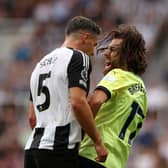 Fabian Schar of Newcastle United clashes with Ben Brereton Diaz of Southampton. (Photo by Ian MacNicol/Getty Images)