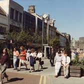 A view of the top of Northumberland Street Newcastle upon Tyne taken in 1991. The photograph is looking up Northumberland Street towards the Haymarket.