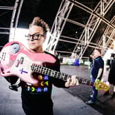Mark Hoppus of Blink-182 poses backstage at the Sahara Tent during the 2023 Coachella Valley Music and Arts Festival  on April 14, 2023 in Indio, California.