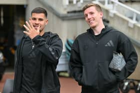 Newcastle United's Brazilian midfielder #39 Bruno Guimaraes (L) and Newcastle United's English defender #13 Matt Targett (R) arrive ahead of the English Premier League football match between Newcastle United and Tottenham Hotspur at St James' Park in Newcastle-upon-Tyne, north east England on September 1, 2024. (Photo by ANDY BUCHANAN / AFP) 