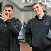 Newcastle United's Brazilian midfielder #39 Bruno Guimaraes (L) and Newcastle United's English defender #13 Matt Targett (R) arrive ahead of the English Premier League football match between Newcastle United and Tottenham Hotspur at St James' Park in Newcastle-upon-Tyne, north east England on September 1, 2024. (Photo by ANDY BUCHANAN / AFP) 
