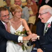 Henry Clayton at the wedding blessing with daughter Fiona Butler-Clayton and her husband.