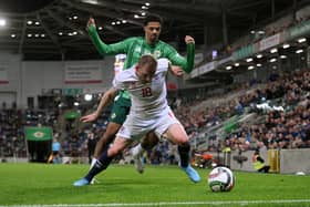 Laurent Jans of Luxembourg is challenged by Jamal Lewis of Northern Ireland during the UEFA Nations League 2024/25 League C Group C3 match between Northern Ireland and Luxembourg at Windsor Park on September 05, 2024 in Belfast, Northern Ireland. (Photo by Charles McQuillan/Getty Images)