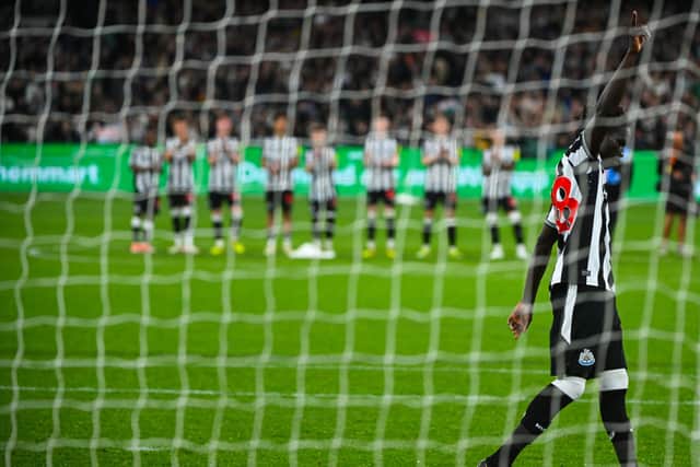 Garang Kuol of Newcastle United FC scores a goal in the penalty shoot out during the exhibition match against Tottenham Hotspur. (Photo by Vince Caligiuri/Getty Images)