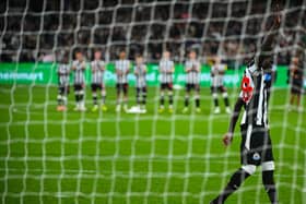 Garang Kuol of Newcastle United FC scores a goal in the penalty shoot out during the exhibition match against Tottenham Hotspur. (Photo by Vince Caligiuri/Getty Images)
