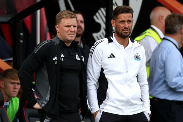 Newcastle United head coach Eddie Howe and assistant coach Jason Tindall.  (Photo by ADRIAN DENNIS/AFP via Getty Images)
