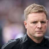 Eddie Howe, Manager of Newcastle United, looks on prior to the Premier League match between Fulham FC and Newcastle United FC at Craven Cottage on September 21, 2024 in London, England. (Photo by Ryan Pierse/Getty Images)