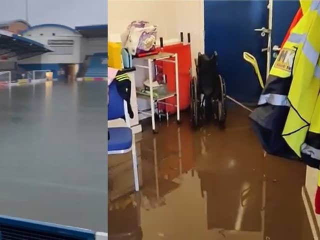 Football pitch submerged in water after thunderstorm.