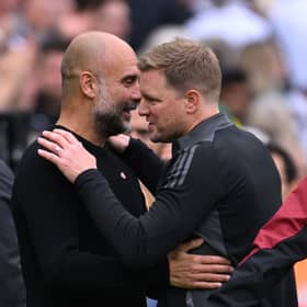 Manchester City manager Pep Guardiola and Newcastle United head coach Eddie Howe. (Photo by Stu Forster/Getty Images)