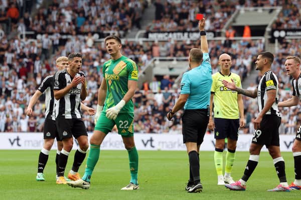 Craig Pawson sent off Fabian Schar against Southampton in August. He will referee Newcastle United's clash with Everton this weekend.