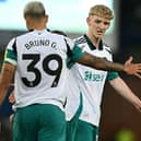 Newcastle United's Brazilian midfielder #39 Bruno Guimaraes (L) and Newcastle United's English midfielder #10 Anthony Gordon react after a missed opportunity during the English Premier League football match between Everton and Newcastle United at Goodison Park in Liverpool, north west England on October 5, 2024. (Photo by Paul ELLIS / AFP) 