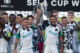 Players of Newcastle United lift the Sela cup during the Pre-Season Friendly between Newcastle United and Stade Brestois  at St James' Park on August 10, 2024 in Newcastle upon Tyne, England.