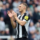 Dan Burn of Newcastle United acknowledges the fans during the Premier League match between Newcastle United FC and Tottenham Hotspur FC at St James' Park on September 01, 2024 in Newcastle upon Tyne, England. (Photo by Matt McNulty/Getty Images)