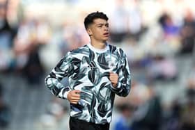 Lewis Miley of Newcastle United warms up prior to the Premier League match between Newcastle United FC and Brighton & Hove Albion FC at St James' Park on October 19, 2024 in Newcastle upon Tyne, England. (Photo by George Wood/Getty Images)