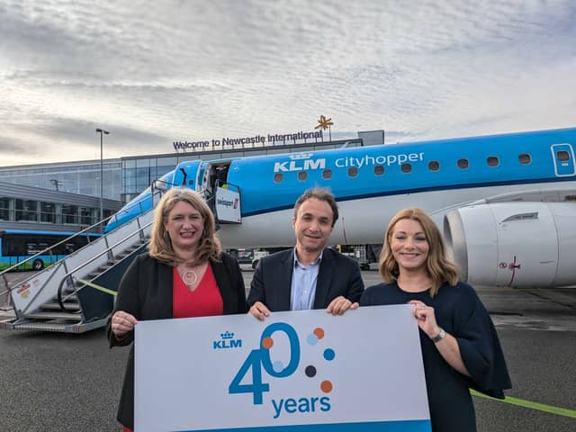 Left to right, Sarah Green, Chief Executive, NewcastleGateshead Initiative, Jerome Salemi, General Manager for UK & Ireland, KLM and Alice Andreasen, Chief Sustainability and Communications Officer, Newcastle Airport