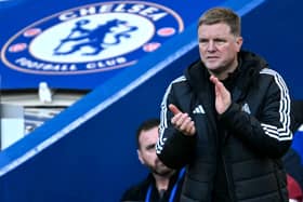 Newcastle United's English head coach Eddie Howe reacts on the touchline during the English Premier League football match between Chelsea and Newcastle United.(Photo by JUSTIN TALLIS/AFP via Getty Images)