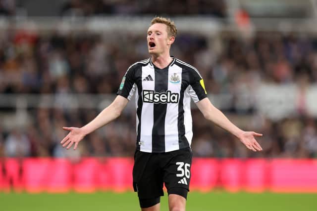 Sean Longstaff of Newcastle United reacts during the Carabao Cup Fourth Round match between Newcastle United and Chelsea at St James' Park on October 30, 2024 in Newcastle upon Tyne, England. (Photo by George Wood/Getty Images)