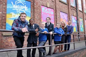A street art installation celebrating community pride has been unveiled in the heart of the Byker estate. 

From left to right, artist MarkOne87 (Mark Shields), with pupils from Byker Primary and Benfield School, Michelle Bell, Assistant Director of Byker Community at Karbon Homes and Rob Watson, Assistant Head at Byker Primary 