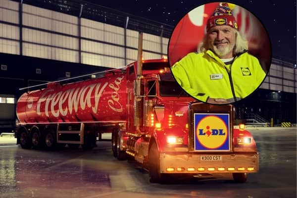 ‘Nick’ brings the Lidl cola truck to life. He is seen ticking off his list and loading up present boxes, in the Christmas ad campaign.