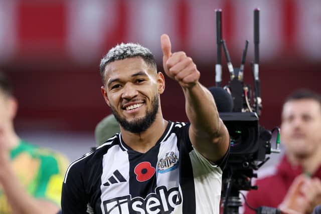 Joelinton of Newcastle United acknowledges the fans after the Premier League match between Nottingham Forest FC and Newcastle United FC at City Ground on November 10, 2024 in Nottingham, England. (Photo by Alex Livesey/Getty Images)
