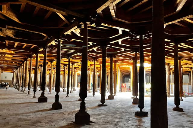 Inside the Juma Mosque in Khiva. It is no longer, having been in use 10-18th century.
