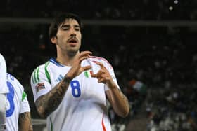 Sandro Tonali celebrates scoring his team's first goal during the UEFA Nations League Group A2 football match between Belgium and Italy at the King Baudouin Stadium in Brussels on November 14, 2024. (Photo by NICOLAS TUCAT / AFP) 