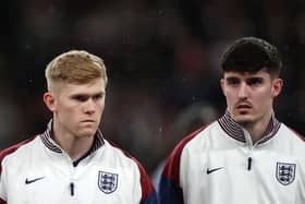 Lewis Hall and Tino Livramento of England look on as they line up prior to the UEFA Nations League 2024/25 League B Group B2 match between England and Republic of Ireland at Wembley Stadium on November 17, 2024 in London, England. (Photo by Alex Pantling/Getty Images)